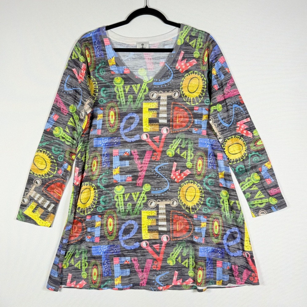 Inoah Long Sleeve Tunic Medium Whimsical Bold Color Artsy Graphic Print‎ V Neck